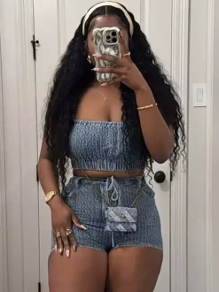 2-Piece Sets Pant Set Blue Sexy Street Wear Denim Straps Neck Sleeveless Sets