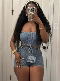 2-Piece Sets Pant Set Blue Sexy Street Wear Denim Straps Neck Sleeveless Sets