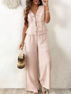 2-Piece Sets Pant Set Light Sky Blue Elegant Street Wear Lace Up V-Neck Sleeveless Sets
