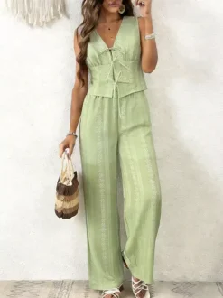 2-Piece Sets Pant Set Light Sky Blue Elegant Street Wear Lace Up V-Neck Sleeveless Sets