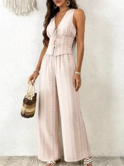 2-Piece Sets Pant Set Light Sky Blue Elegant Street Wear Lace Up V-Neck Sleeveless Sets