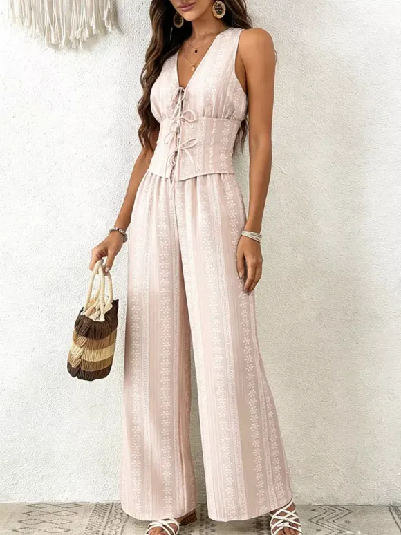2-Piece Sets Pant Set Light Sky Blue Elegant Street Wear Lace Up V-Neck Sleeveless Sets