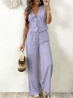 2-Piece Sets Pant Set Light Sky Blue Elegant Street Wear Lace Up V-Neck Sleeveless Sets