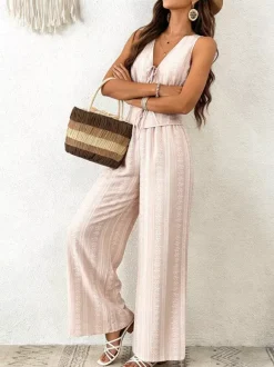 2-Piece Sets Pant Set Light Sky Blue Elegant Street Wear Lace Up V-Neck Sleeveless Sets