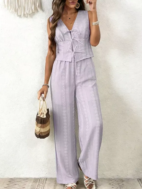2-Piece Sets Pant Set Light Sky Blue Elegant Street Wear Lace Up V-Neck Sleeveless Sets
