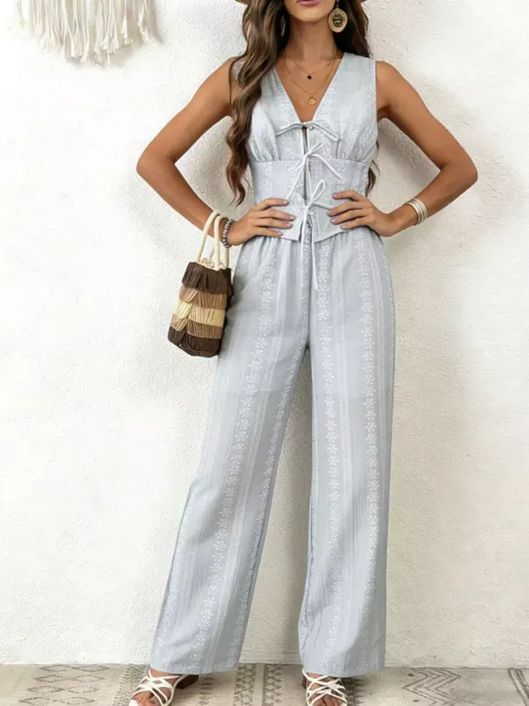 2-Piece Sets Pant Set Light Sky Blue Elegant Street Wear Lace Up V-Neck Sleeveless Sets