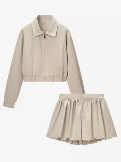 2-Piece Sets Pant Set White Pleated Polyester Turndown Collar Long Sleeves Sets
