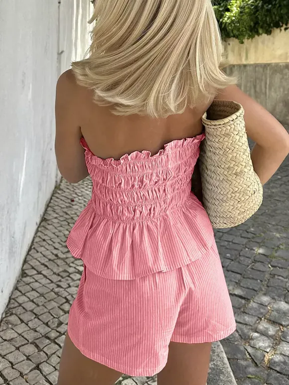 2-Piece Sets Pant Set Yellow Daily Casual Pleated Clothes Strapless Sleeveless Casual Summer Sets