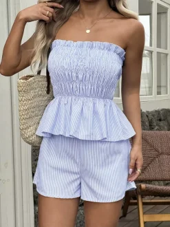 2-Piece Sets Pant Set Yellow Daily Casual Pleated Clothes Strapless Sleeveless Casual Summer Sets