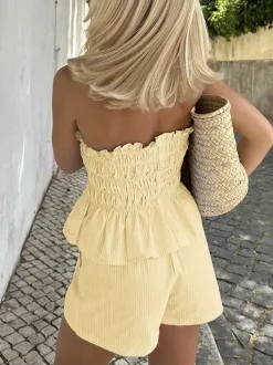 2-Piece Sets Pant Set Yellow Daily Casual Pleated Clothes Strapless Sleeveless Casual Summer Sets