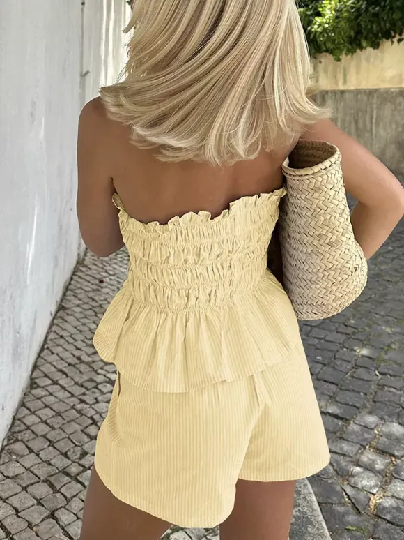 2-Piece Sets Pant Set Yellow Daily Casual Pleated Clothes Strapless Sleeveless Casual Summer Sets