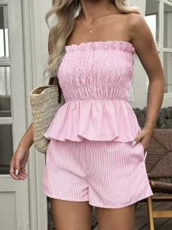 2-Piece Sets Pant Set Yellow Daily Casual Pleated Clothes Strapless Sleeveless Casual Summer Sets