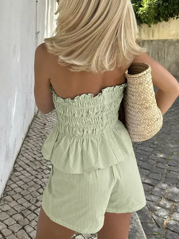 2-Piece Sets Pant Set Yellow Daily Casual Pleated Clothes Strapless Sleeveless Casual Summer Sets