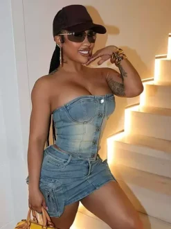 2-Piece Sets Skirt Set Light Sky Blue Sexy Street Wear Strapless Summer Sets