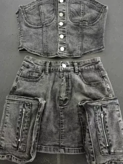 2-Piece Sets Skirt Set Light Sky Blue Sexy Street Wear Strapless Summer Sets