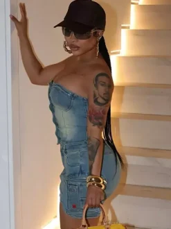 2-Piece Sets Skirt Set Light Sky Blue Sexy Street Wear Strapless Summer Sets