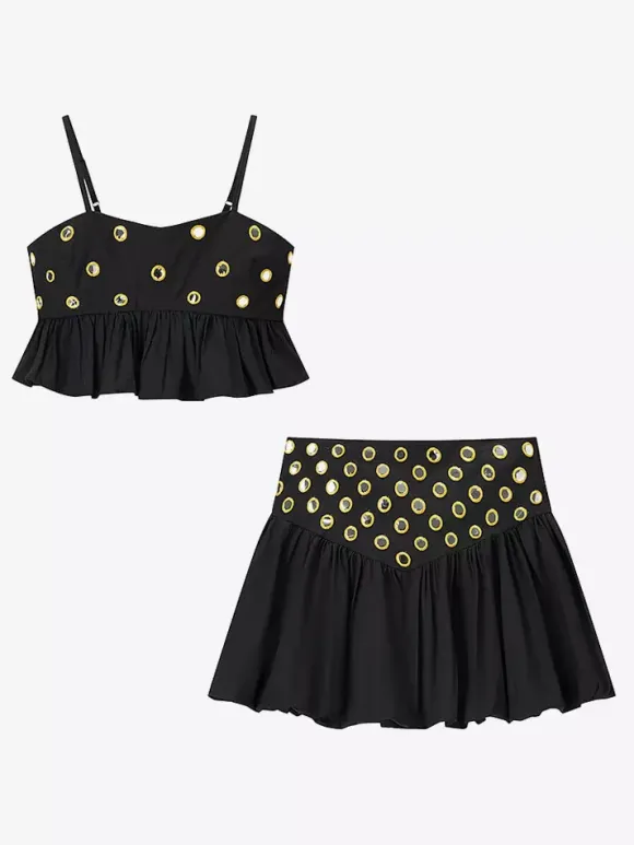 2-Piece Sets Skirt Set Yellow Elegant Straps Neck Pleated Sleeveless Sets