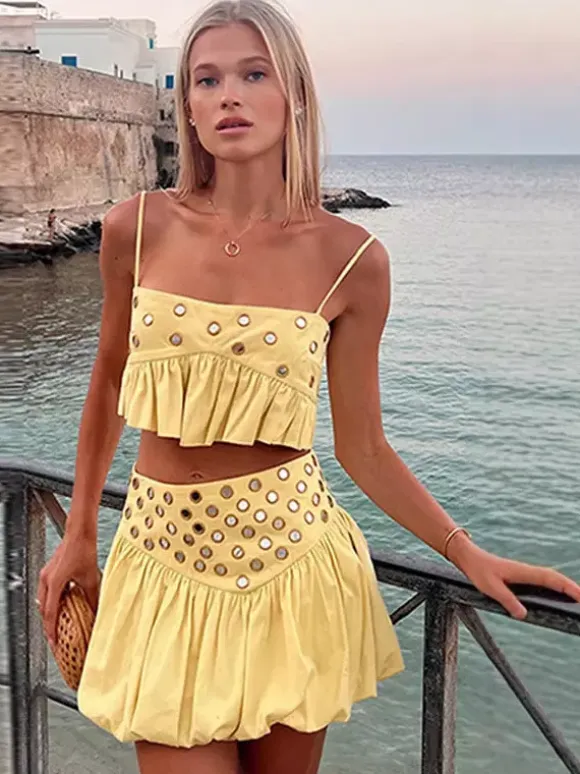 2-Piece Sets Skirt Set Yellow Elegant Straps Neck Pleated Sleeveless Sets
