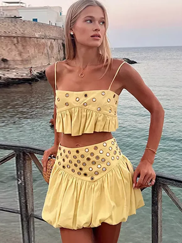 2-Piece Sets Skirt Set Yellow Elegant Straps Neck Pleated Sleeveless Sets