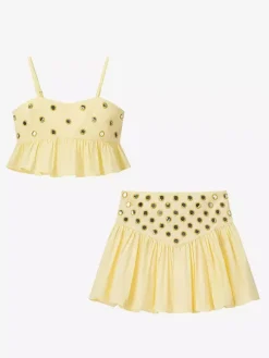 2-Piece Sets Skirt Set Yellow Elegant Straps Neck Pleated Sleeveless Sets