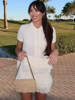 2-Piece Sets Women's Clothing Skirt Set White Elegant Fringe Turndown Long Sleeves Sets