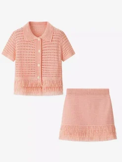 2-Piece Sets Women's Clothing Skirt Set White Elegant Fringe Turndown Long Sleeves Sets