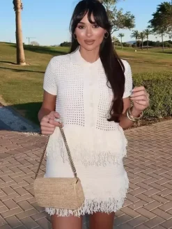 2-Piece Sets Women's Clothing Skirt Set White Elegant Fringe Turndown Long Sleeves Sets