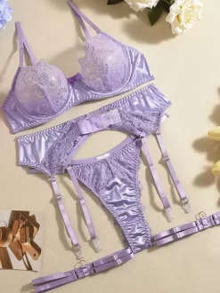 4-Piece Sheer Lingerie Lace Lavender Bra Panty Garter Sets