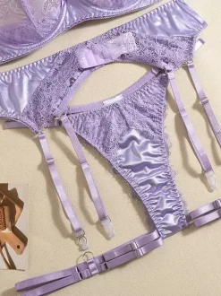 4-Piece Sheer Lingerie Lace Lavender Bra Panty Garter Sets