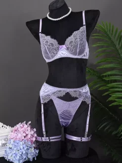 4-Piece Sheer Lingerie Lace Lavender Bra Panty Garter Sets