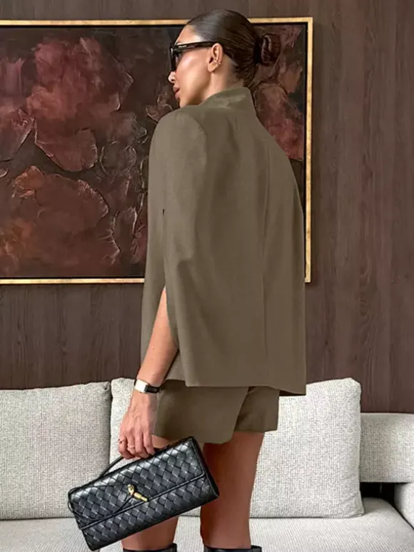 2 Piece Short Blazer Set Sleeveless Cape Vest Matching Shorts Women Suit 2 Piece Short Blazer Set