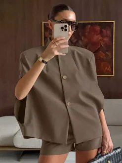 2 Piece Short Blazer Set Sleeveless Cape Vest Matching Shorts Women Suit 2 Piece Short Blazer Set