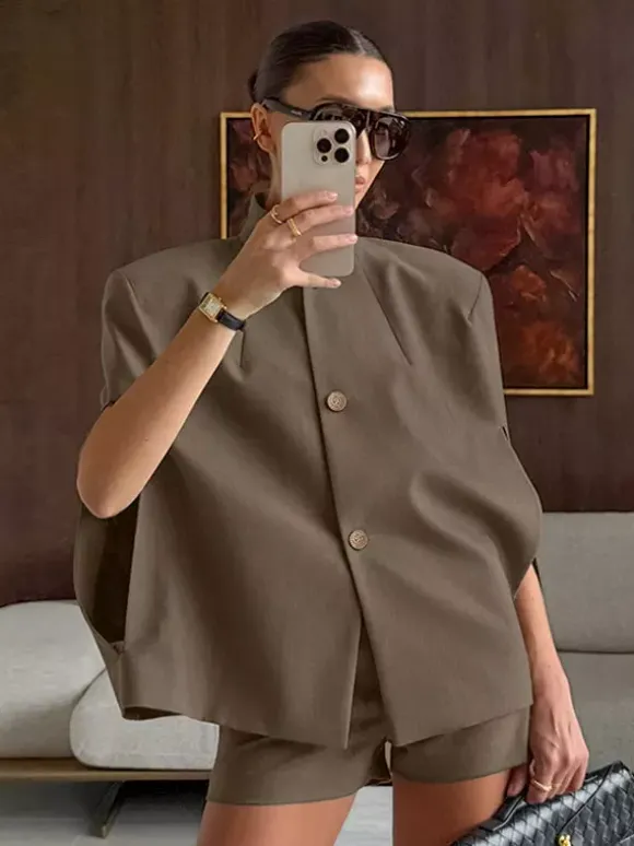2 Piece Short Blazer Set Sleeveless Cape Vest Matching Shorts Women Suit 2 Piece Short Blazer Set