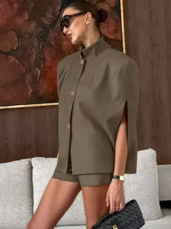 2 Piece Short Blazer Set Sleeveless Cape Vest Matching Shorts Women Suit 2 Piece Short Blazer Set
