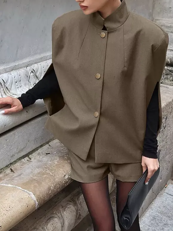 2 Piece Short Blazer Set Sleeveless Cape Vest Matching Shorts Women Suit 2 Piece Short Blazer Set