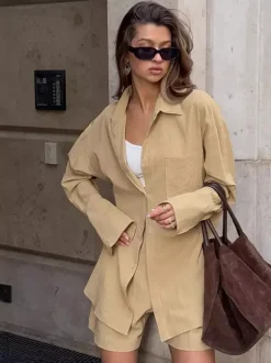 2 Piece Short Set Oversized Shirt Elastic Shorts Women Casual Lounge 2 Piece Short Set