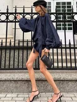 2 Piece Short Set Puff Sleeve Shirt Elastic Shorts Women Casual 2 Piece Short Set