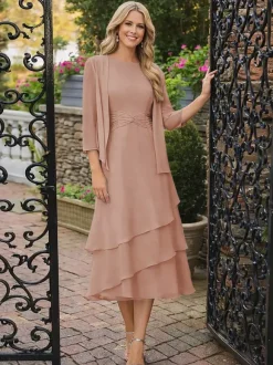 2 Pieces Mother Dress Jewel Neck 3/4 Length Sleeves Two-piece Pleated Wedding Guest Dresses