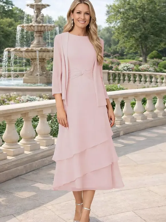2 Pieces Mother Dress Jewel Neck 3/4 Length Sleeves Two-piece Pleated Wedding Guest Dresses