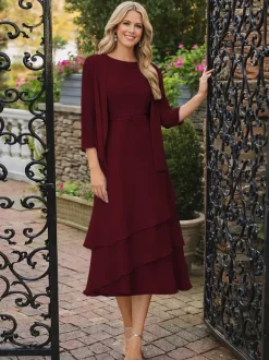 2 Pieces Mother Dress Jewel Neck 3/4 Length Sleeves Two-piece Pleated Wedding Guest Dresses