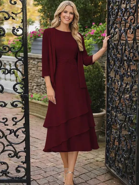 2 Pieces Mother Dress Jewel Neck 3/4 Length Sleeves Two-piece Pleated Wedding Guest Dresses