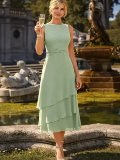 2 Pieces Mother Dress Jewel Neck 3/4 Length Sleeves Two-piece Pleated Wedding Guest Dresses