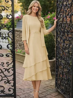 2 Pieces Mother Dress Jewel Neck 3/4 Length Sleeves Two-piece Pleated Wedding Guest Dresses
