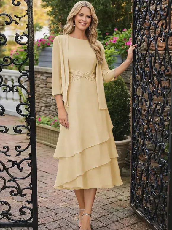 2 Pieces Mother Dress Jewel Neck 3/4 Length Sleeves Two-piece Pleated Wedding Guest Dresses