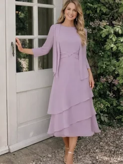 2 Pieces Mother Dress Jewel Neck 3/4 Length Sleeves Two-piece Pleated Wedding Guest Dresses