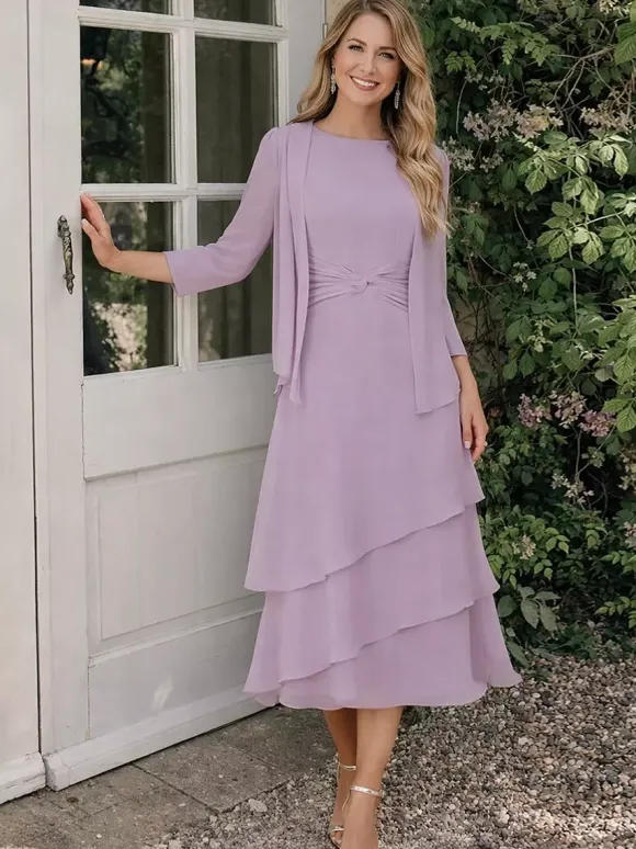 2 Pieces Mother Dress Jewel Neck 3/4 Length Sleeves Two-piece Pleated Wedding Guest Dresses