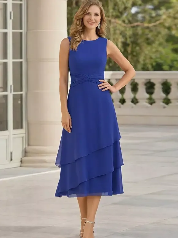 2 Pieces Mother Dress Jewel Neck 3/4 Length Sleeves Two-piece Pleated Wedding Guest Dresses