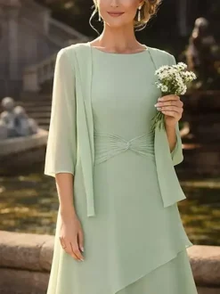 2 Pieces Mother Dress Jewel Neck 3/4 Length Sleeves Two-piece Pleated Wedding Guest Dresses