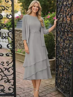 2 Pieces Mother Dress Jewel Neck 3/4 Length Sleeves Two-piece Pleated Wedding Guest Dresses