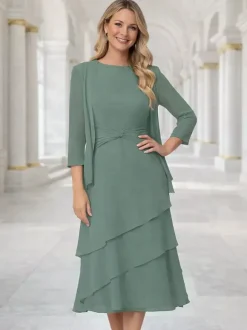 2 Pieces Mother Dress Jewel Neck 3/4 Length Sleeves Two-piece Pleated Wedding Guest Dresses